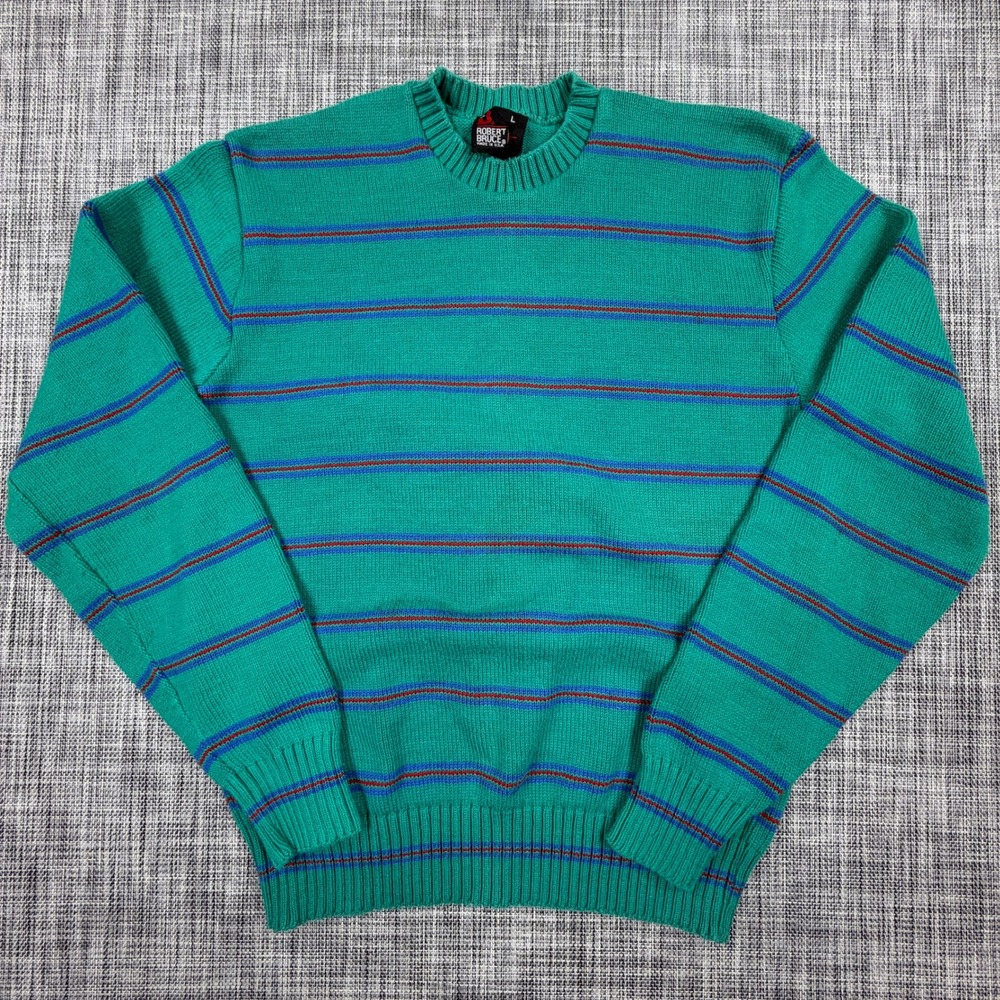Robert Bruce Mens Sweater Large Green Striped 100% Combed Cotton USA Union Made